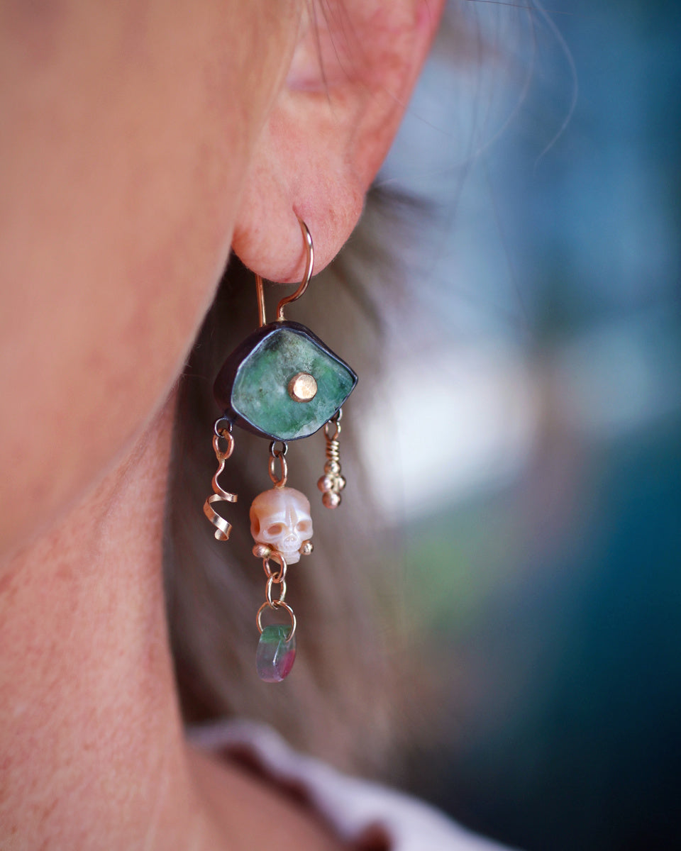 Emerald Eye Calavera Earrings with Tourmaline & 14k Gold