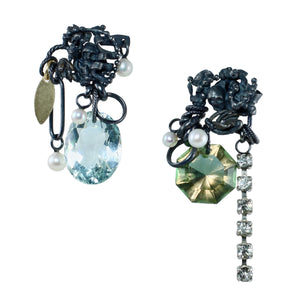 Fragment Earrings with Blue Topaz, Alexandrite, Pearls & Rhinestones