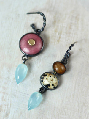 Mixed Gemstone Twisted Hoop Earrings with 14k Gold
