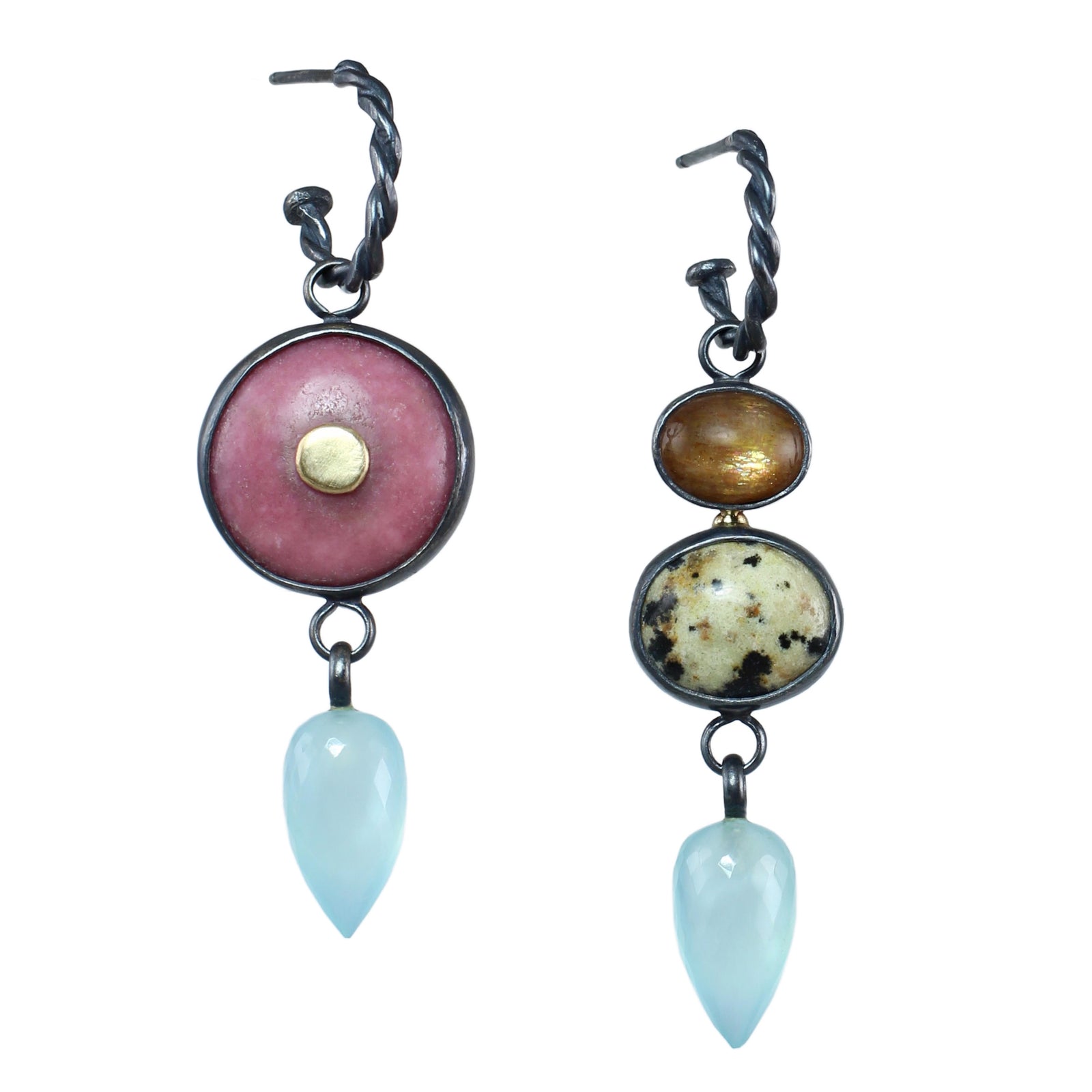 Mixed Gemstone Twisted Hoop Earrings with 14k Gold