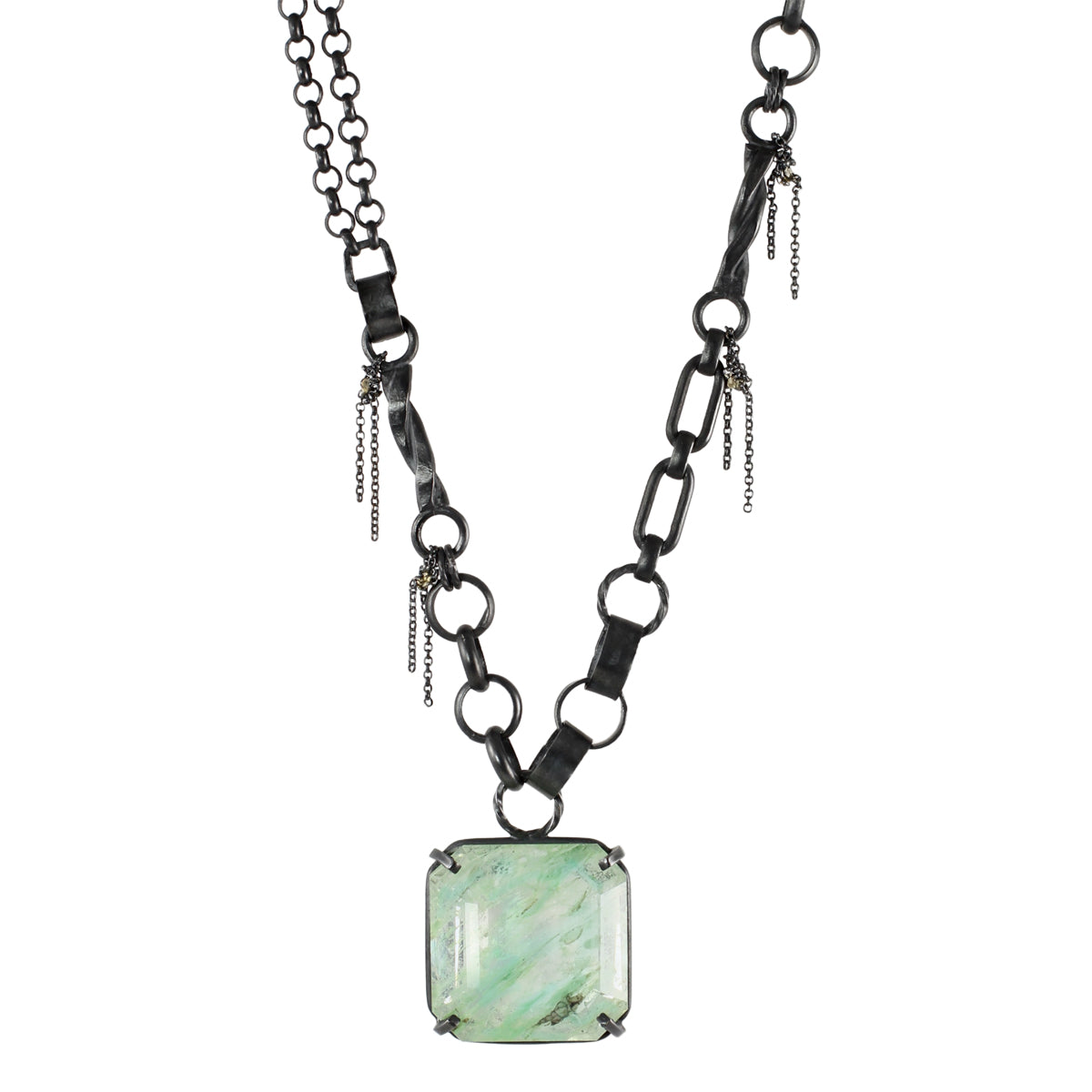One-of-a-kind garden quartz pendant necklace with mixed oxidized silver links, small chain fringe, and tiny 14k gold solder details shown on white.