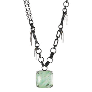One-of-a-kind garden quartz pendant necklace with mixed oxidized silver links, small chain fringe, and tiny 14k gold solder details shown on white.
