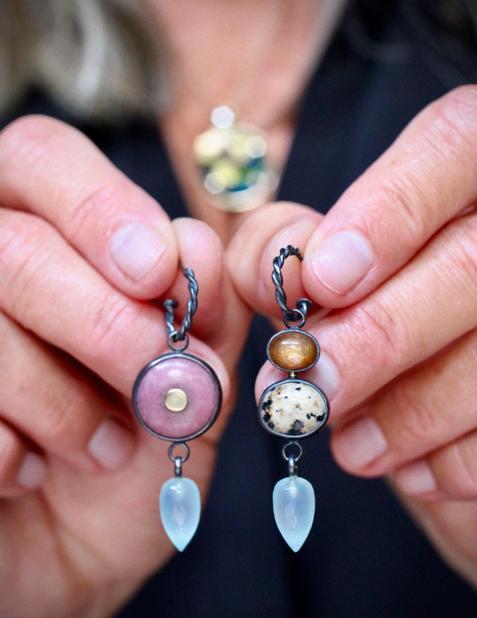 Mixed Gemstone Twisted Hoop Earrings with 14k Gold