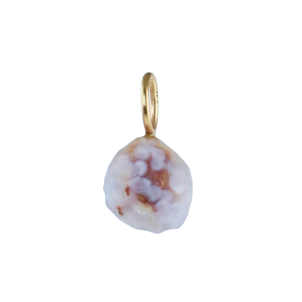 A small irregular-shaped gemstone charm featuring a white, lavender and reddish brown marbled pattern, suspended from a gold-colored loop at the top, shown against a plain white background.