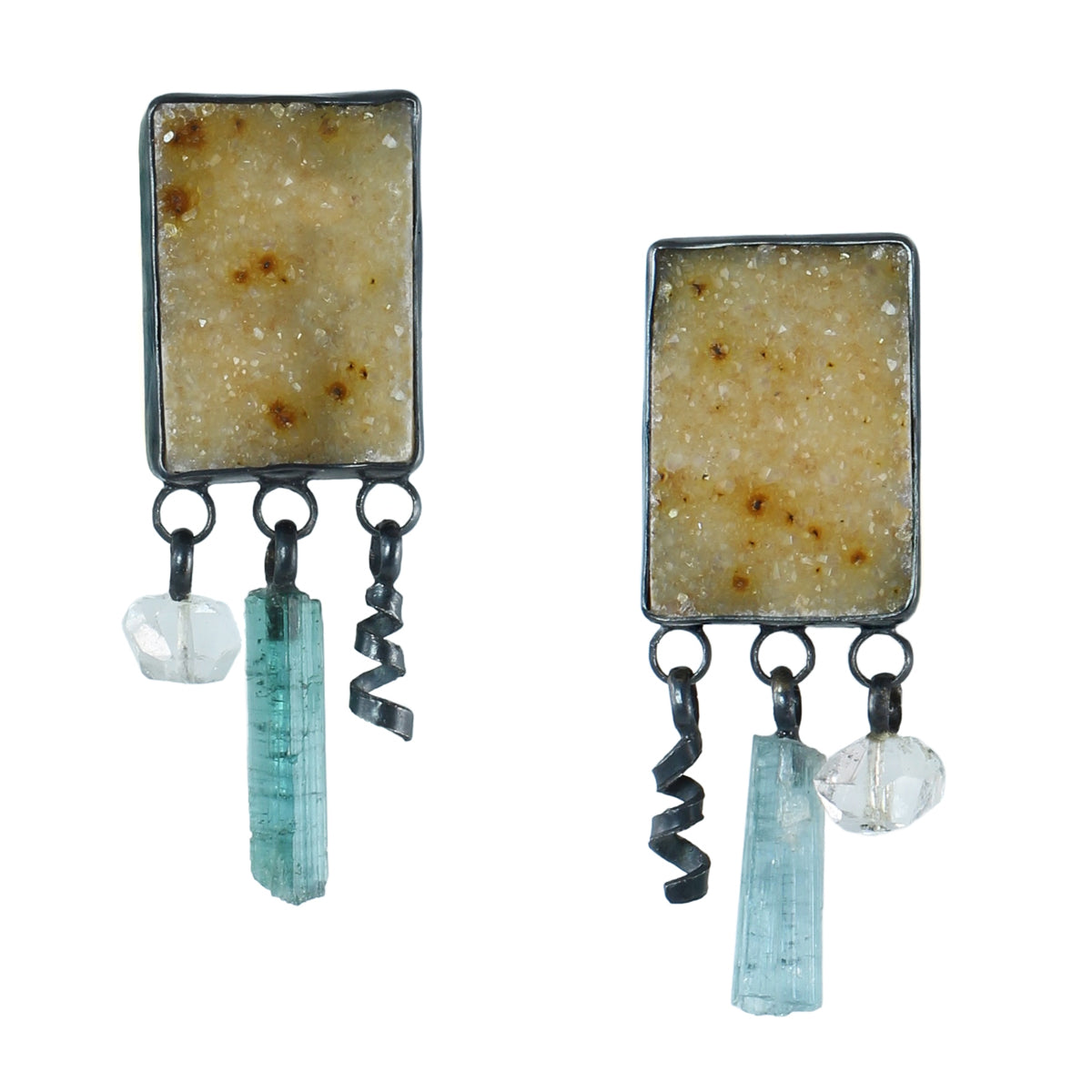 Golden Druzy Melange Earrings with Indicolite Tourmaline & Herkimer Diamond