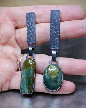 Long Petrified Wood Earrings in Oxidized Silver