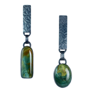 Long Petrified Wood Earrings in Oxidized Silver