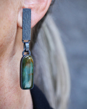 Long Petrified Wood Earrings in Oxidized Silver