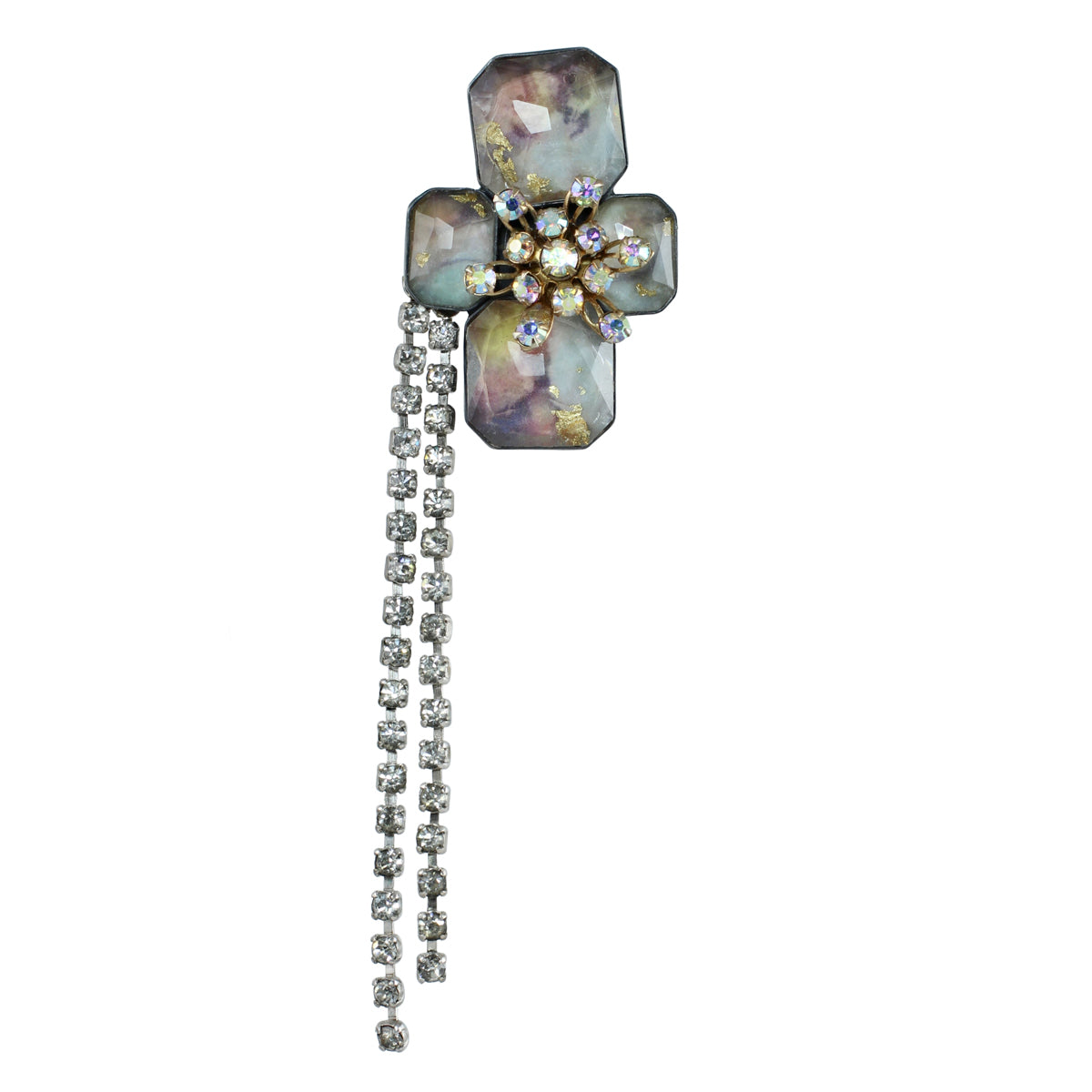 One-of-a-kind brooch with pastel-toned stones and vintage crystal center, worn with removable rhinestone chain dangles cascading downward
