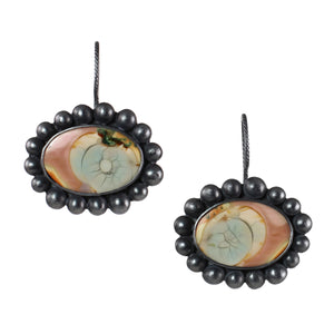 Imperial jasper earrings set in oxidized sterling silver with rounded silver bauble details and twisted ear wires on a white background.
