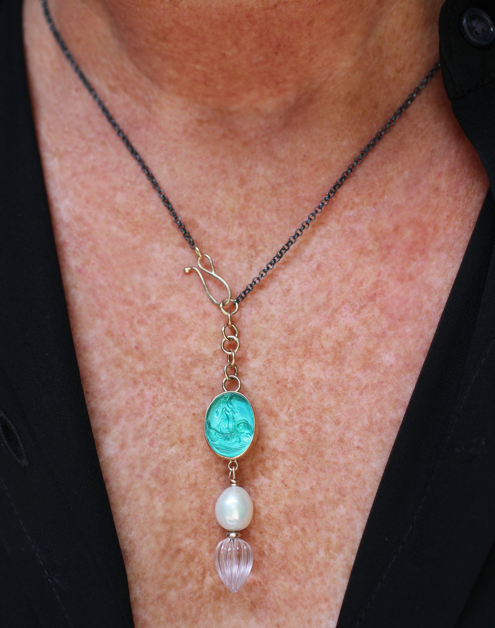 Venus Riding the Dolphin Cameo Necklace with Pearl, Pink Amethyst Drop, & 14k Gold