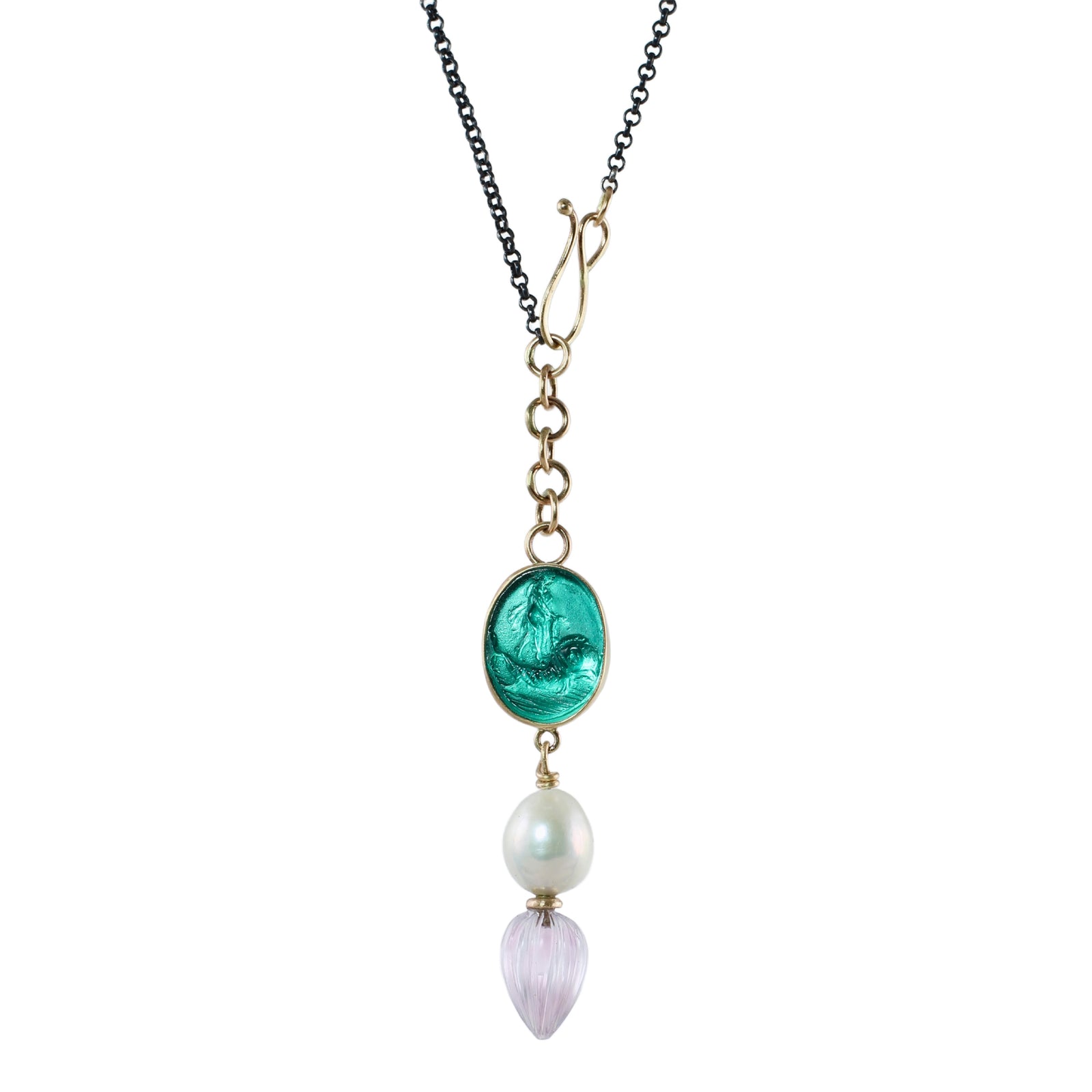 Venus Riding the Dolphin Cameo Necklace with Pearl, Pink Amethyst Drop, & 14k Gold