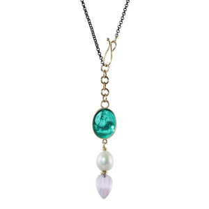 Venus Riding the Dolphin Cameo Necklace with Pearl, Pink Amethyst Drop, & 14k Gold