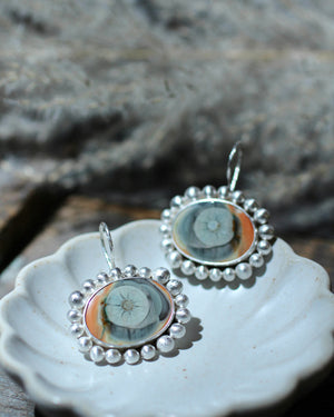 Imperial jasper eye earrings displayed in a trinket dish.
