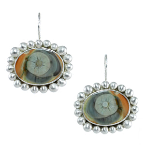 Pair of Imperial jasper eye earrings on a white background, each set in brushed sterling silver with a rounded beaded border and twisted ear wire.
