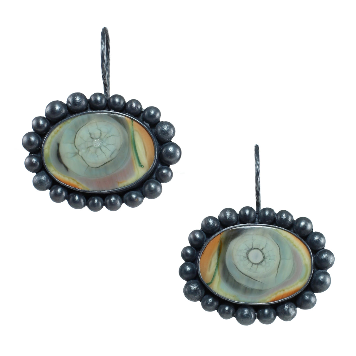 Pair of Imperial jasper eye earrings on a white background, each set in oxidized sterling silver with a rounded beaded border and twisted ear wire.