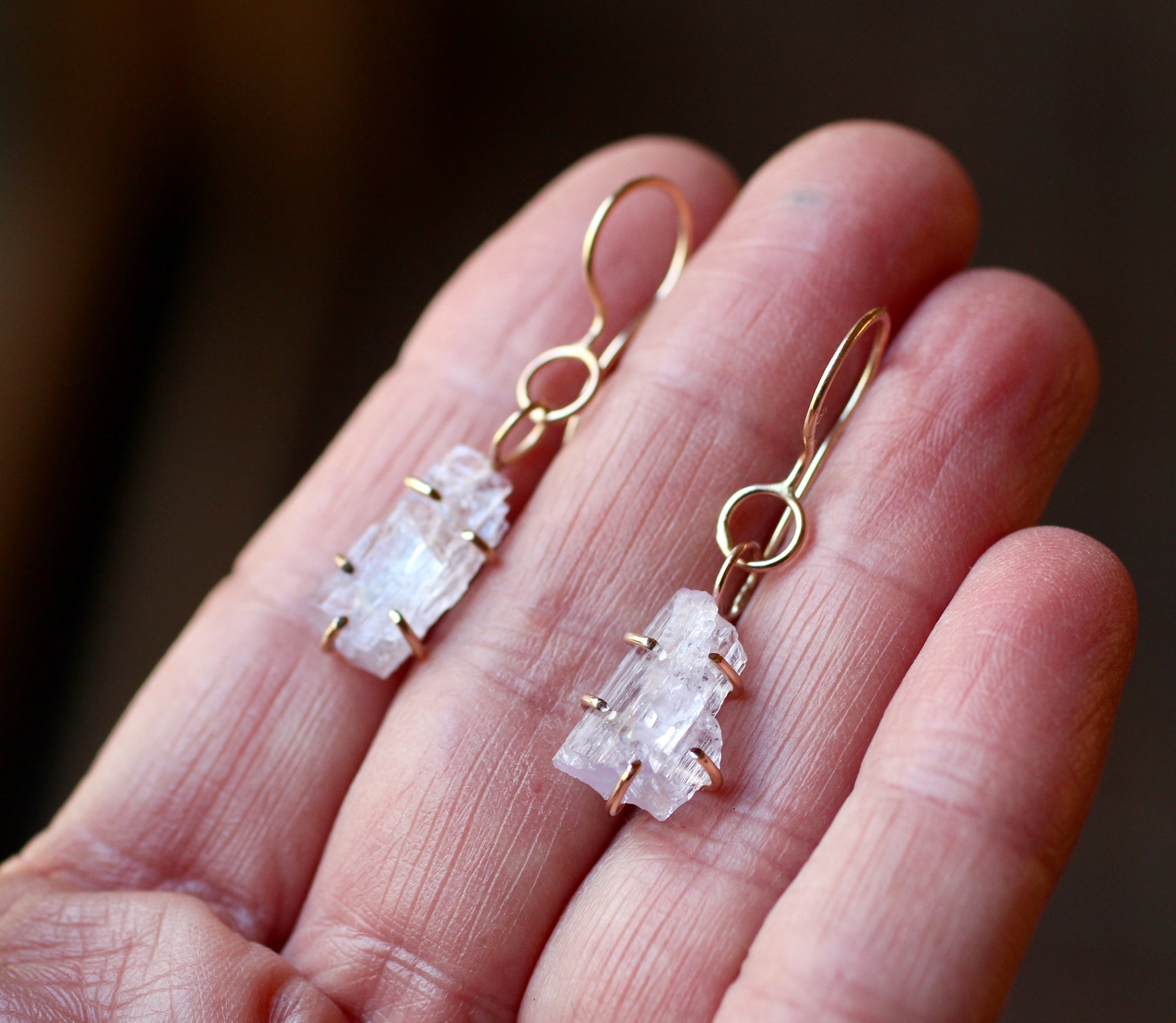 Kunzite Crystal Earrings in 14k Gold