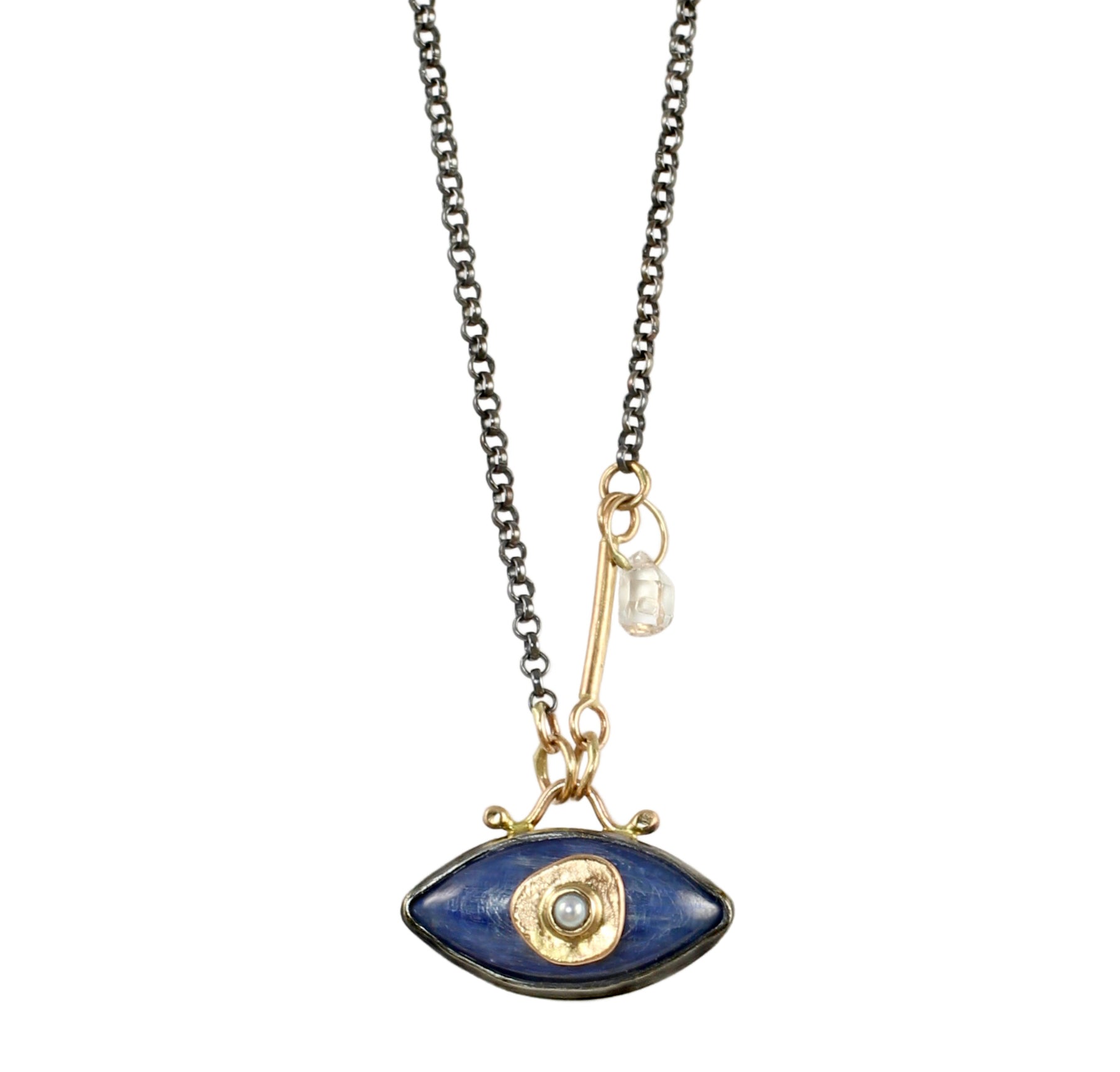 Kyanite & Pearl Protective Eye Necklace with 14k Gold