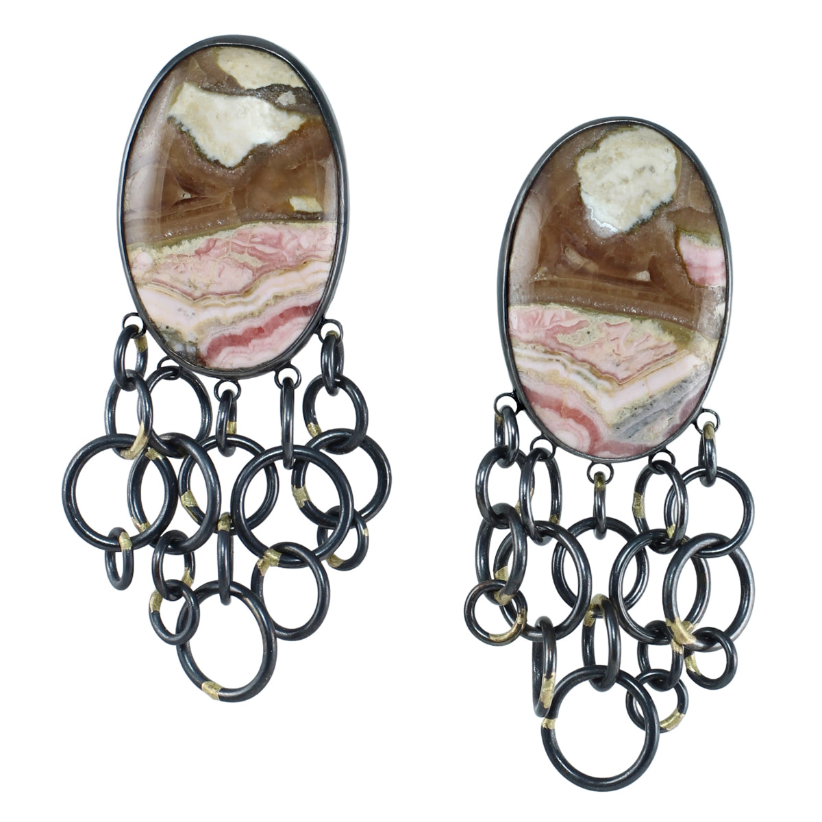 Rhodochrosite cascade earrings in oxidized sterling silver with 14k gold accents, handmade one of a kind gemstone earrings on white background