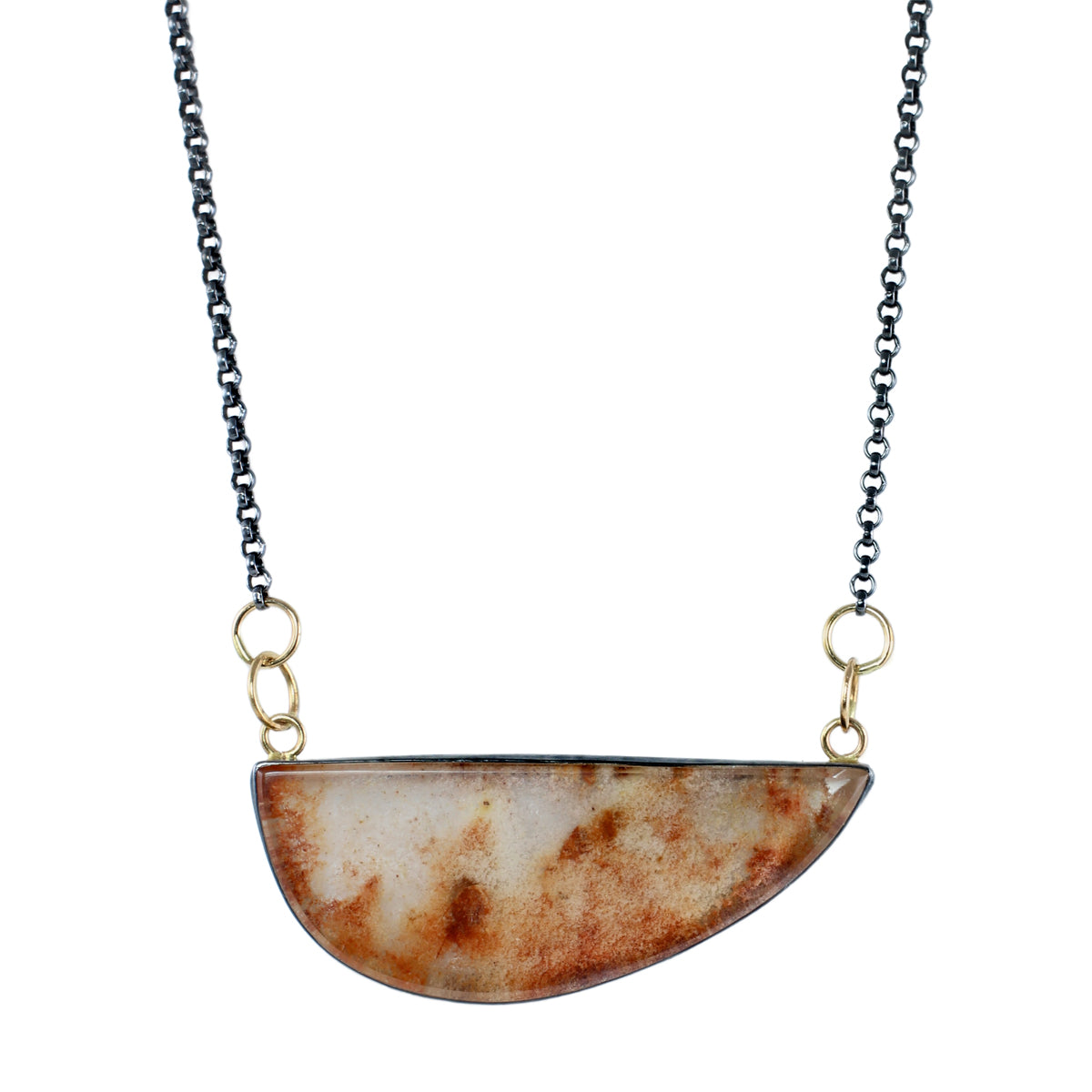 One-of-a-kind lodolite garden quartz necklace in oxidized sterling silver with recycled 14k gold links on a white background.