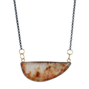 One-of-a-kind lodolite garden quartz necklace in oxidized sterling silver with recycled 14k gold links on a white background.