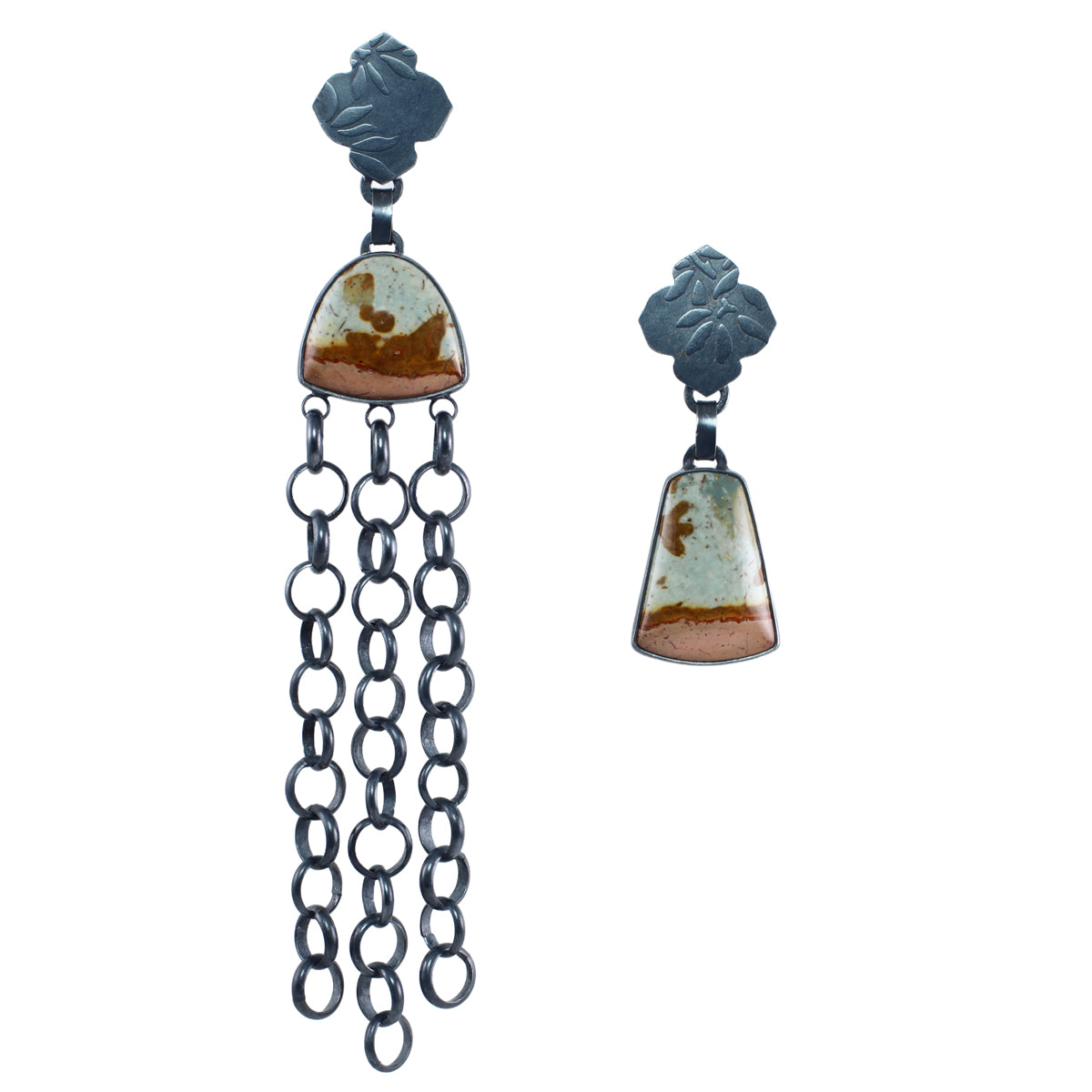 Asymmetrical polychrome jasper earrings with oxidized sterling silver and long handmade chain on white background