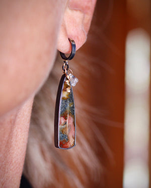 Marcasite and herkimer diamond melange earrings worn on ear, oxidized sterling silver drop earrings with gold accents, one of a kind handmade gemstone earrings