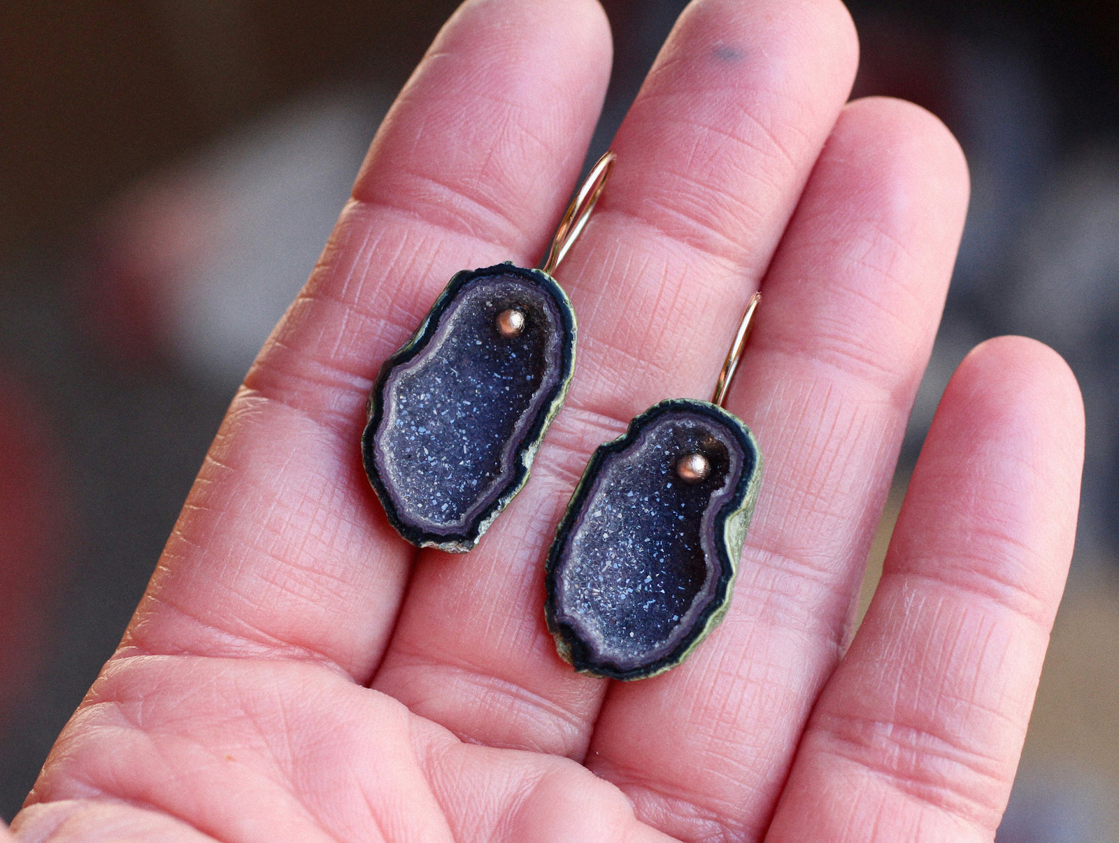 Midnight Blue Geode Earrings in 14k Gold