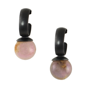 Madagascar rose quartz mini bauble hoop earrings in oxidized sterling silver on a white background with soft reflection.