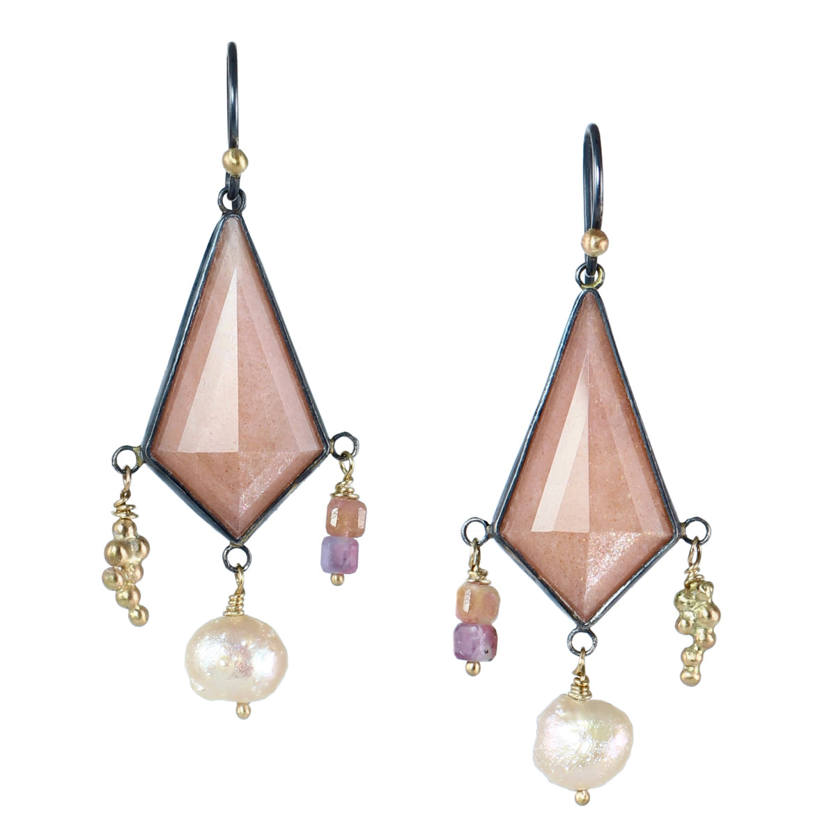 Peach Moonstone, Pearl, and Tourmaline Chandelier Earrings with 14k Gold