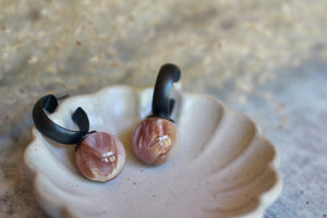 Natural shell and oxidized silver hoop earrings resting in a cream shell dish with blush and honey-toned shell drops.