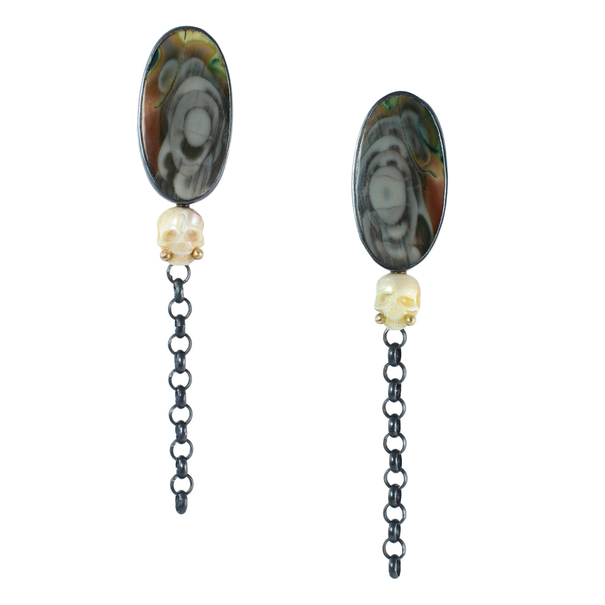 Imperial jasper and carved pearl skull earrings with recycled 14k gold accents and long oxidized sterling silver chain drops on a white background.