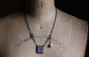 Moody Willow Creek jasper necklace on oxidized silver chain with asymmetrical removable pearl drop