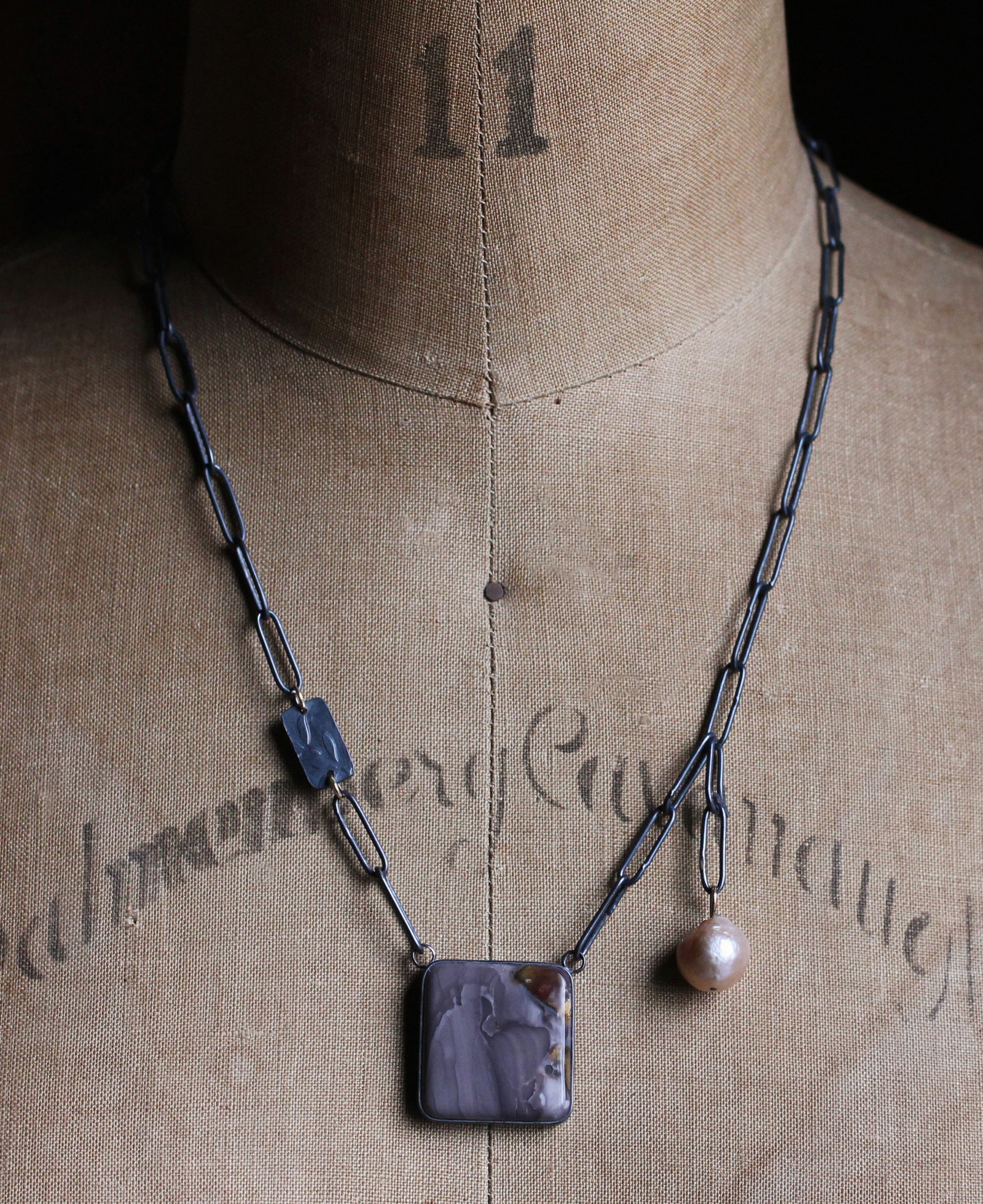 Jasper pendant necklace with removable pearl drop, oxidized sterling silver chain with 14k gold accents