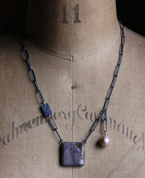 Moody Willow Creek jasper necklace on oxidized silver chain with asymmetrical removable pearl drop