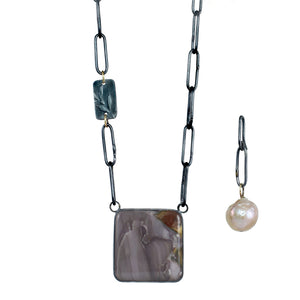 Jasper pendant necklace with removable pearl drop, oxidized sterling silver chain with 14k gold accents