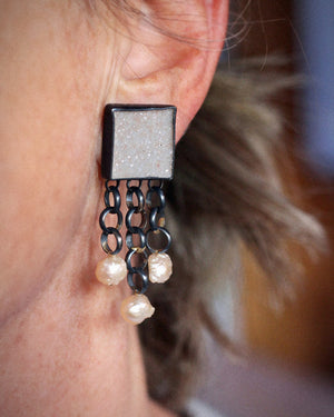 Pale Peach Druzy & Pearl Fringe Game Earrings with 14k Gold