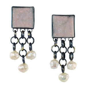 Pale Peach Druzy & Pearl Fringe Game Earrings with 14k Gold