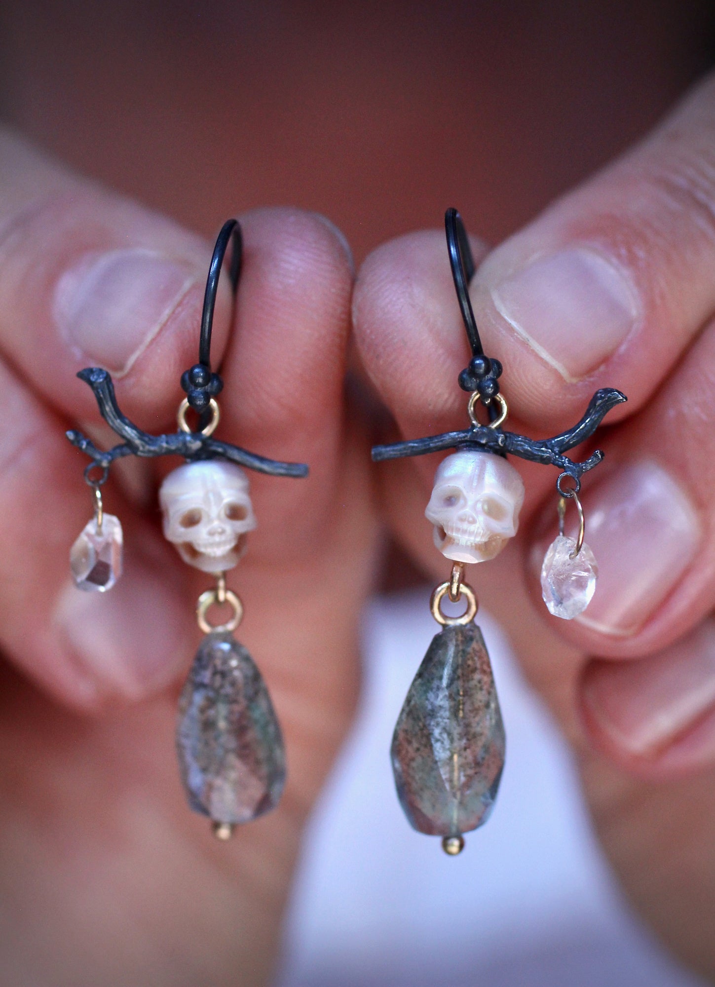 Pearl Skull, Herkimer Diamond, & Moss Aquamarine Earrings with 14k Gold