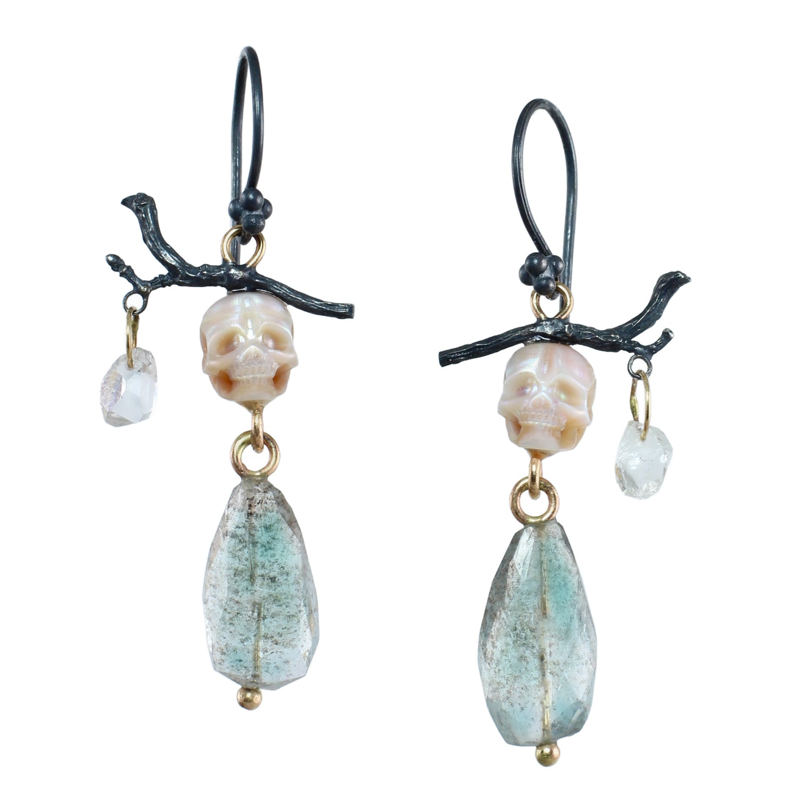 Pearl Skull, Herkimer Diamond, & Moss Aquamarine Earrings with 14k Gold