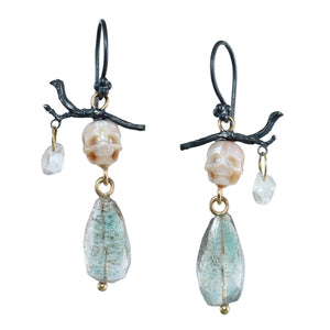 Pearl Skull, Herkimer Diamond, & Moss Aquamarine Earrings with 14k Gold
