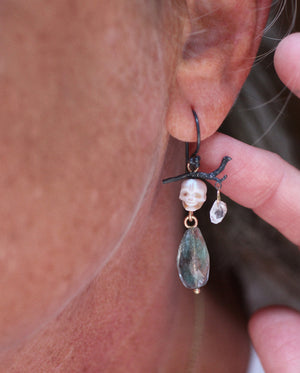 Pearl Skull, Herkimer Diamond, & Moss Aquamarine Earrings with 14k Gold