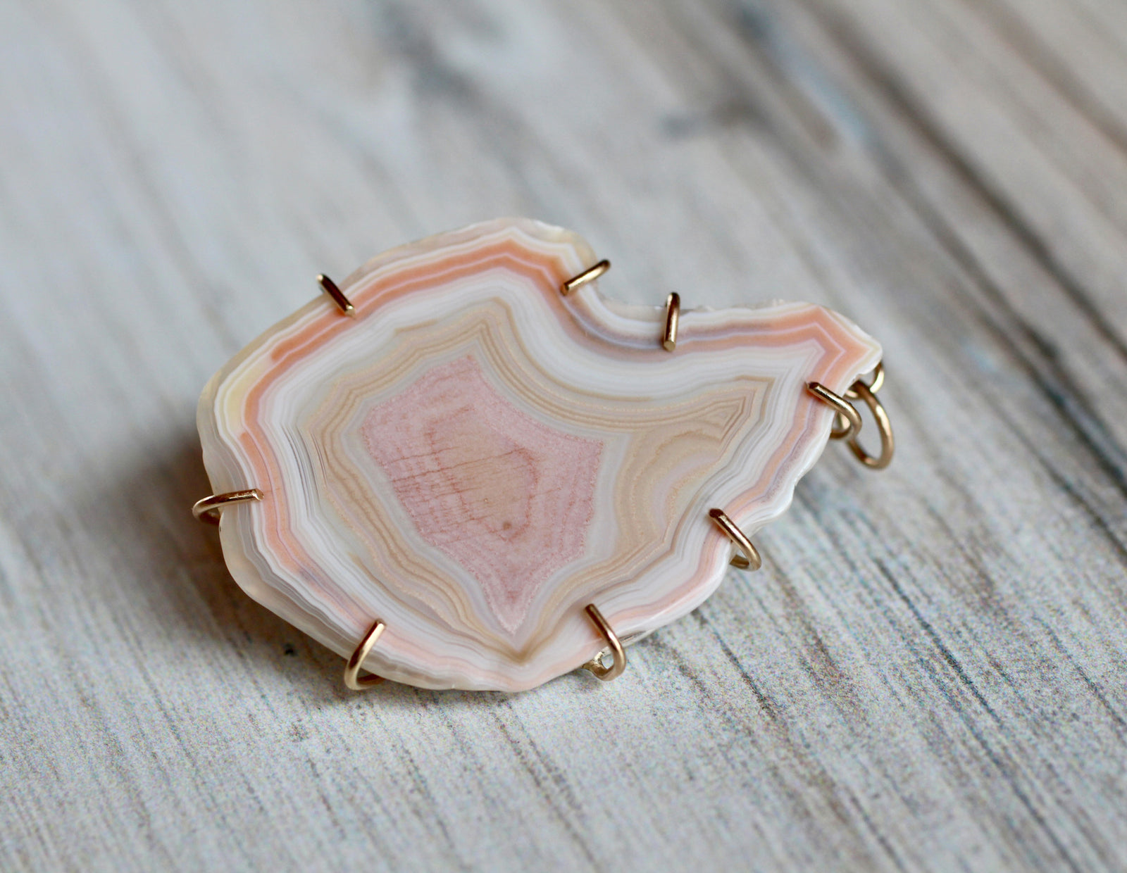Softly Centered Peach Agate Pendant with 14k Gold