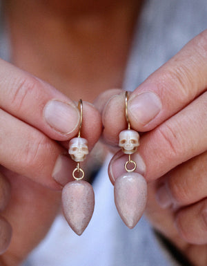 Pearl Skull & Pink Moonstone Earrings in 14k Gold - Limited Edition