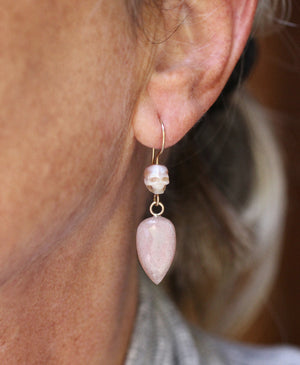 Pearl Skull & Pink Moonstone Earrings in 14k Gold - Limited Edition