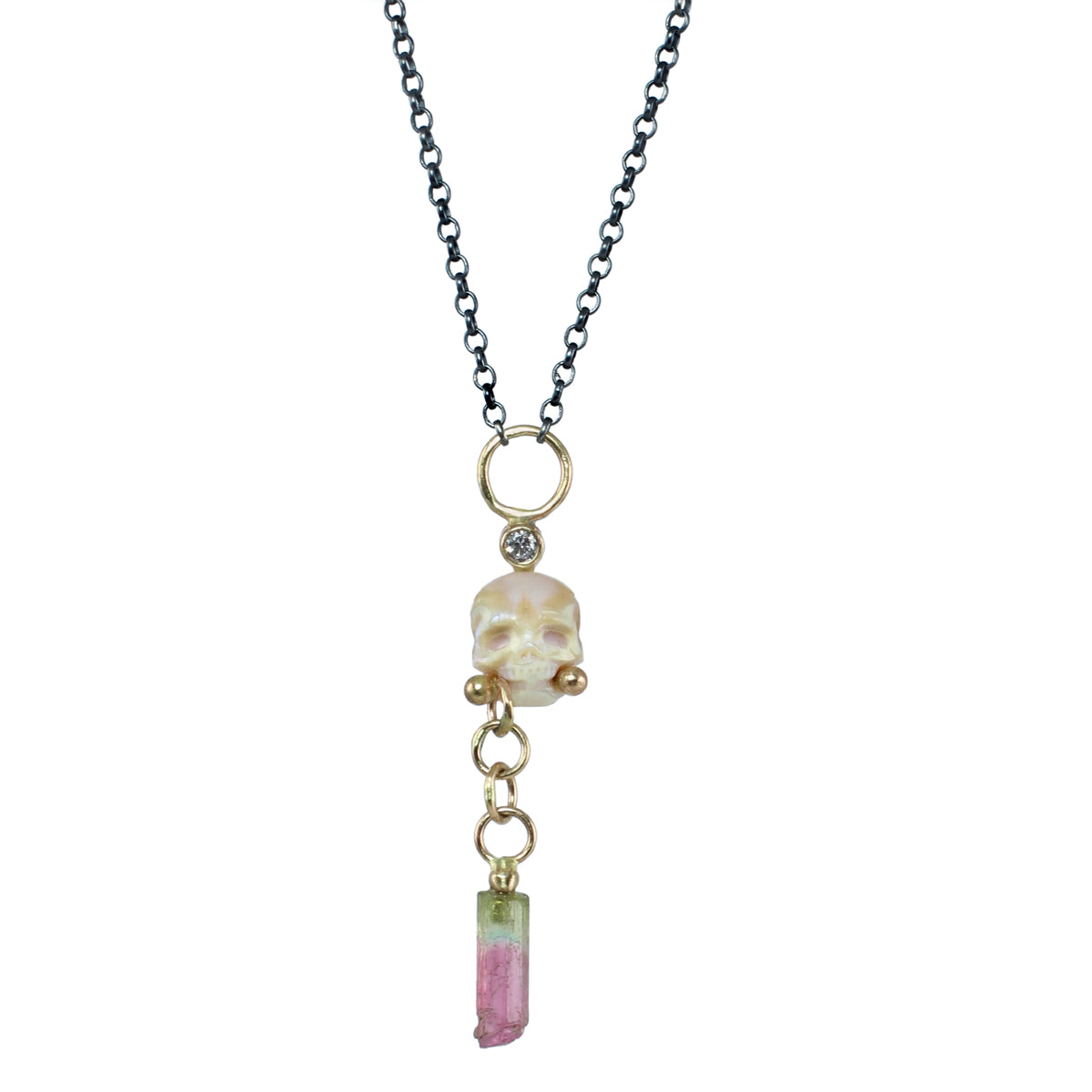 Pearl Skull, Diamond, & Watermelon Tourmaline Necklace in 14k