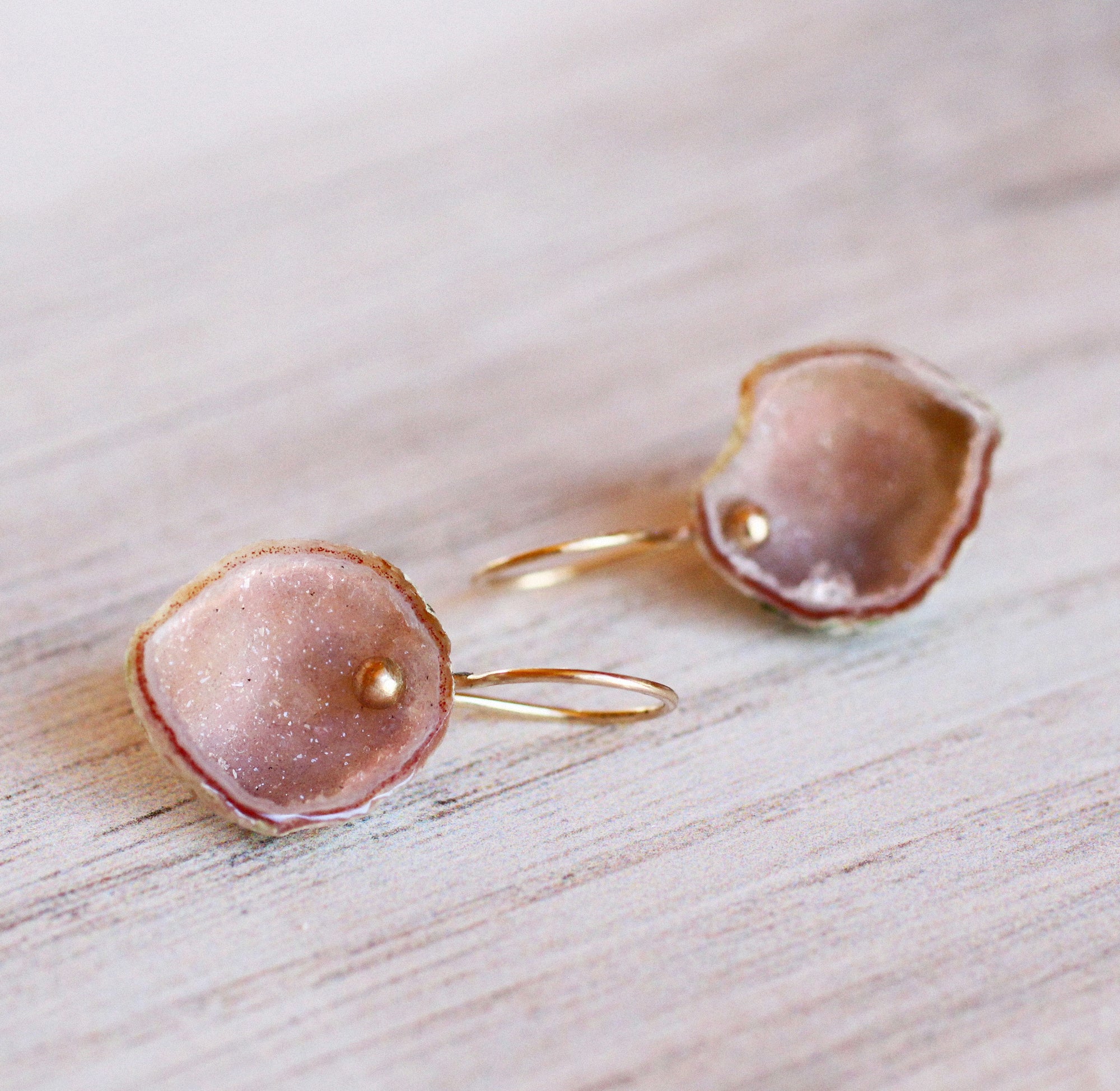 Petal Pink Geode Earrings in 14k Gold