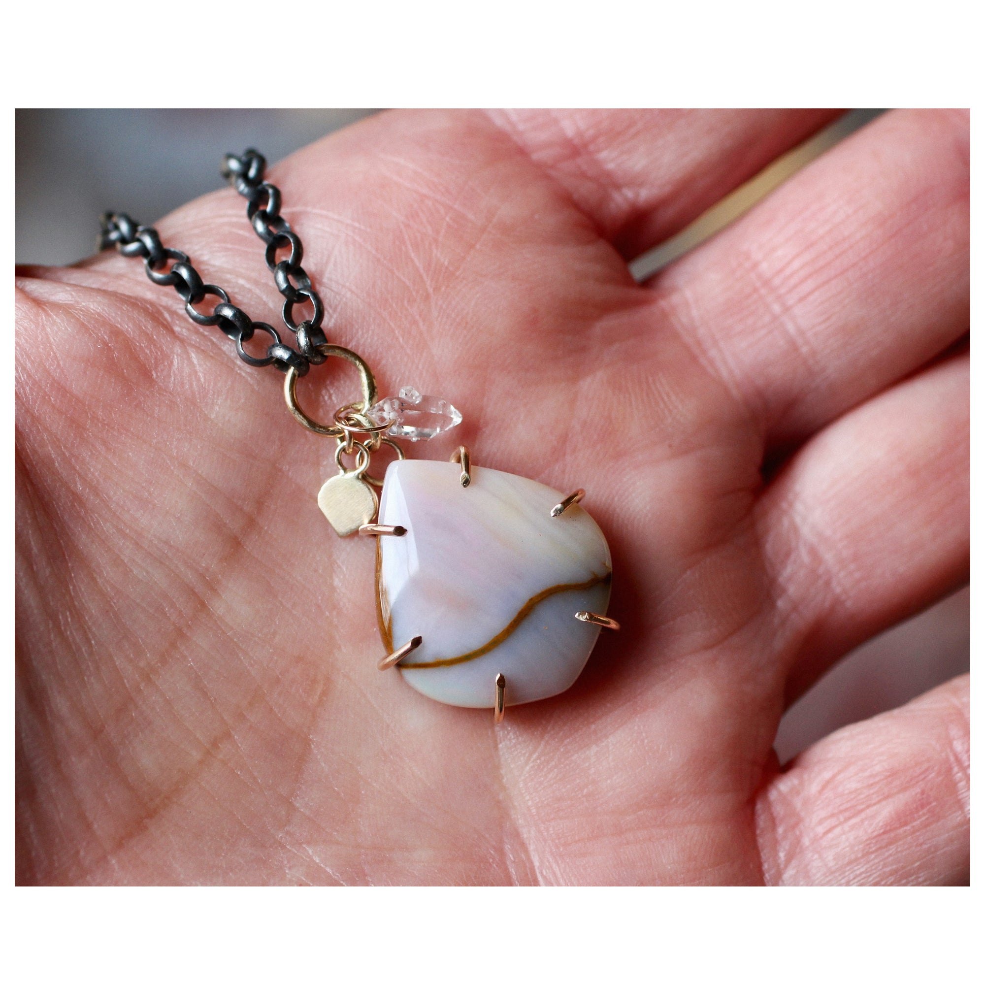 Opalized Wood & Herkimer Diamond Bliss Necklace with 14k Gold