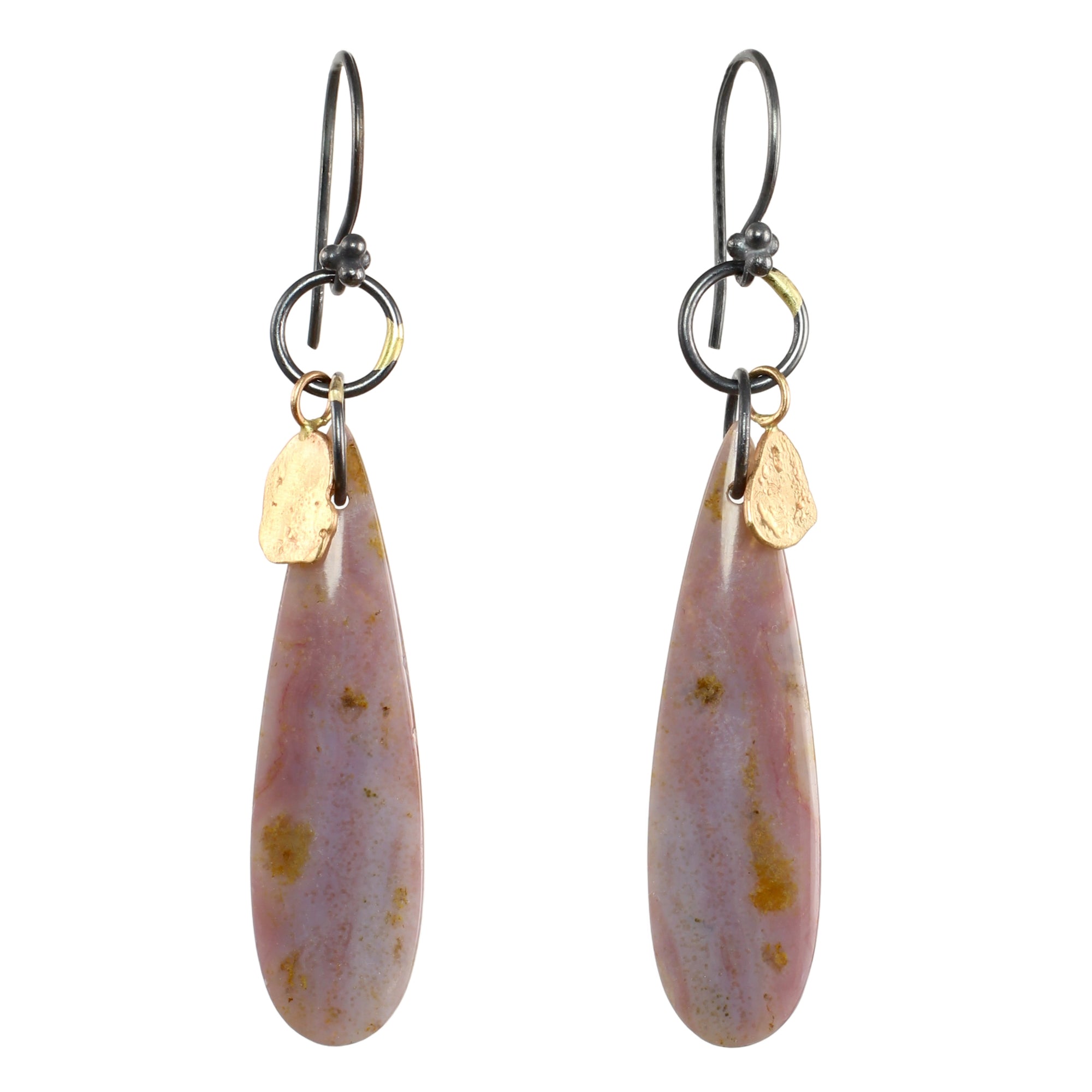 Petrified Wood & Mixed Metal Linked Earrings with 14k Gold