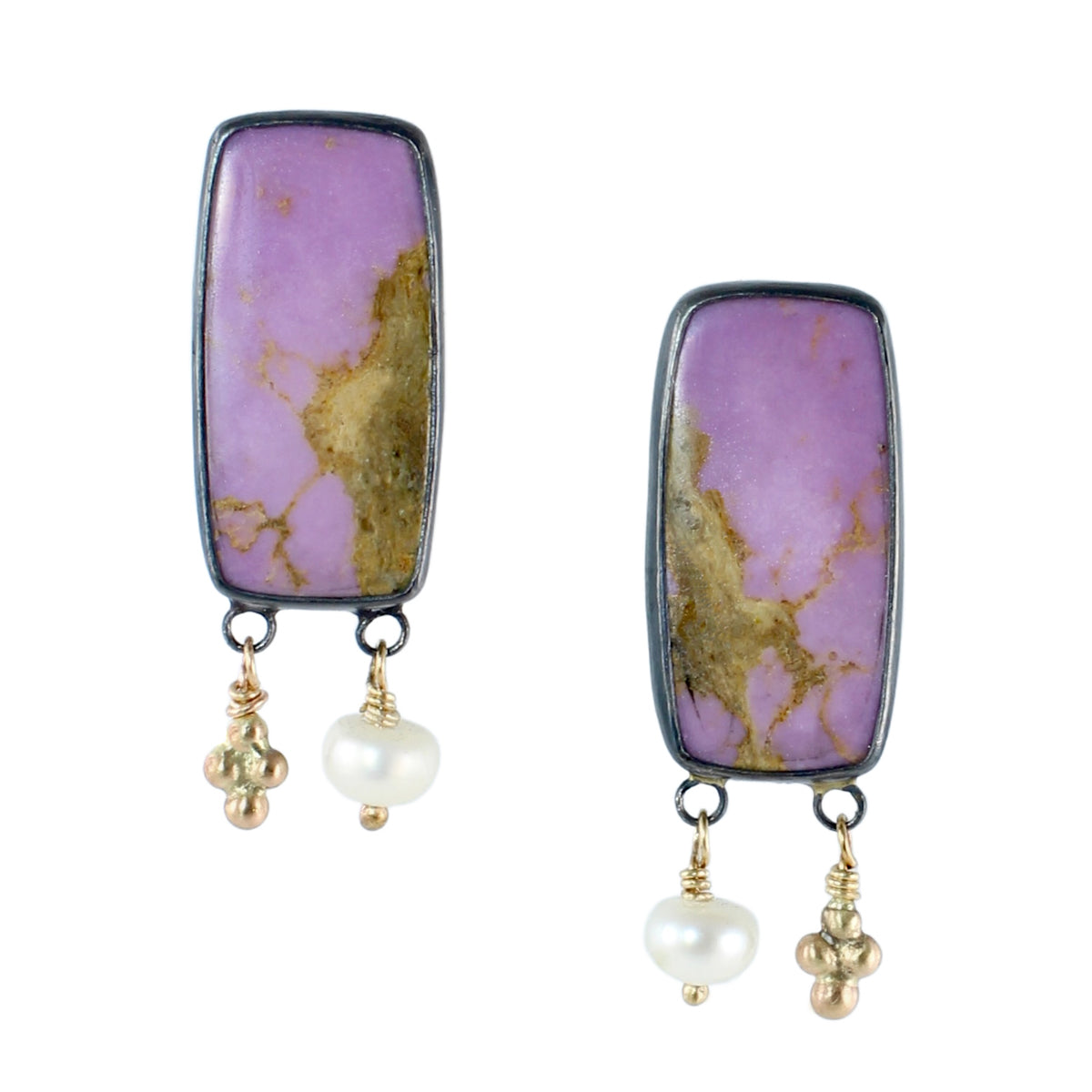 Phosphosiderite & Pearl Stud Earrings with 14k Gold Accents